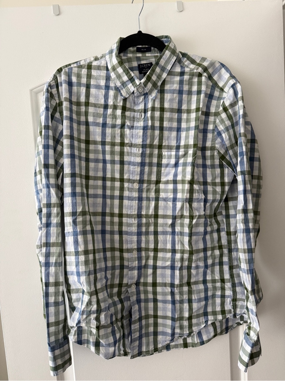 J. Crew Men's White, Blue & Olive Plaid Button-Down Shirt